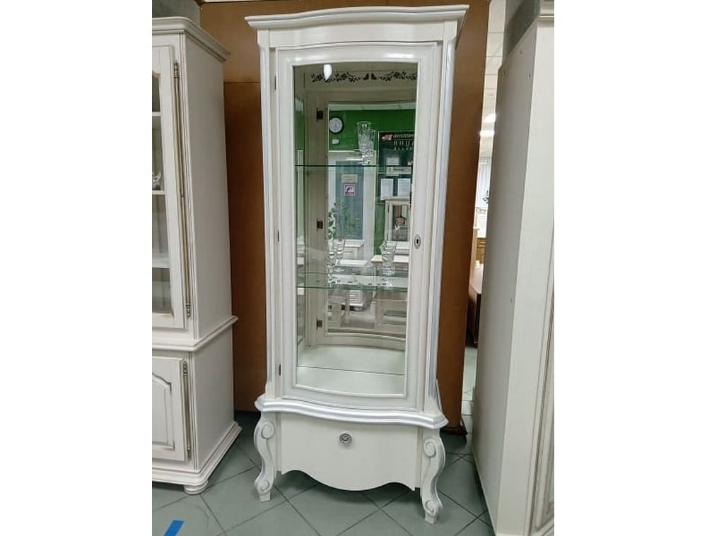 Шкаф с витриной Луиза ММ-257-10 белая эмаль с серебряной патиной (выставочный образец)